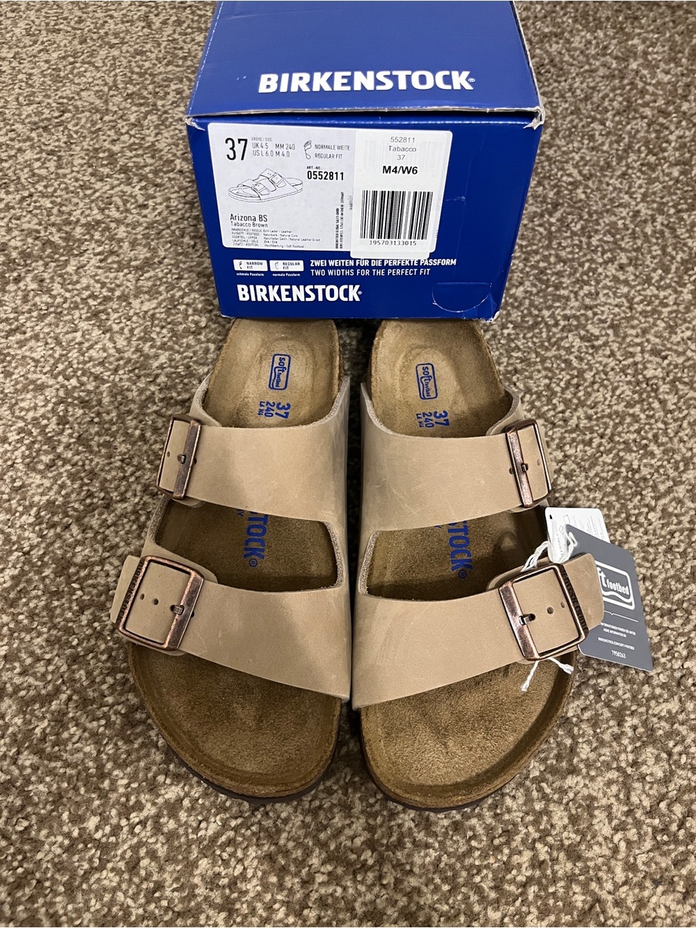 Birkenstock Arizona Tobacco Brown Oiled Leather Soft Bed Regular Fit Size 37